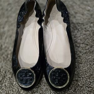 Tory Burch Black Patent Flats with Gold Logo